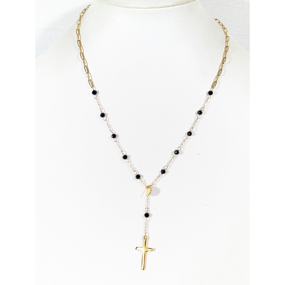 Gold Tone Black Glass Bead Y Neckalce Cross‎ Pendant Lariat Elegant 20 in